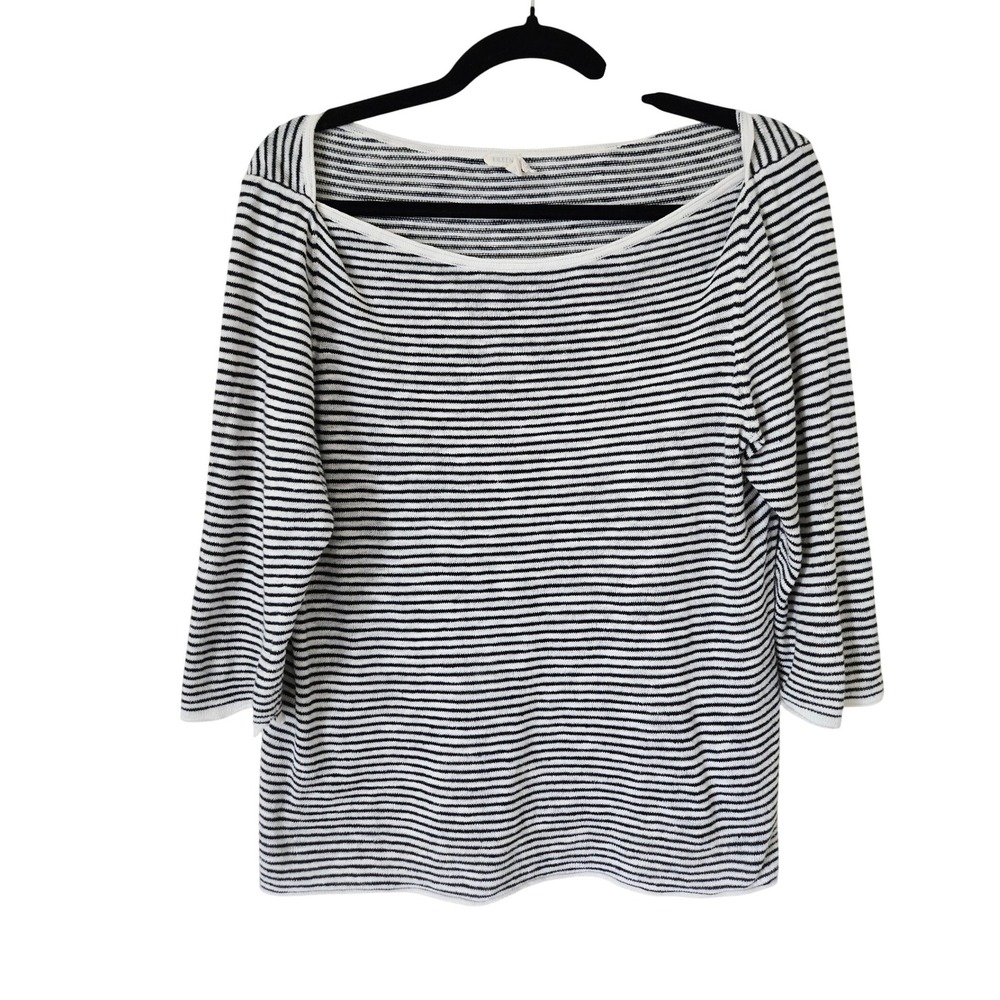 Eileen Fisher‎ Organic Linen Cotton Striped Boat Neck Sweater Black White Small